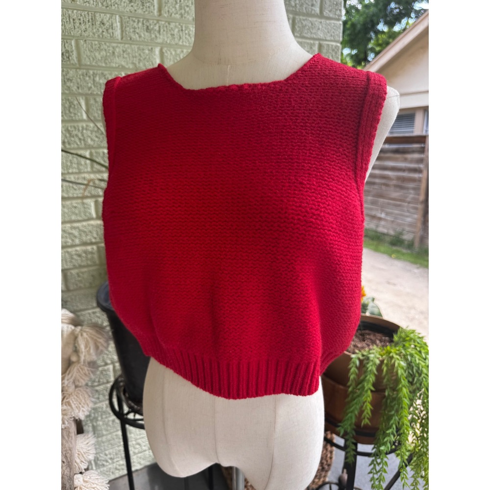 Red Cropped Sweater Vest Open Back Cream Bows Sleeveless Knit Top Small